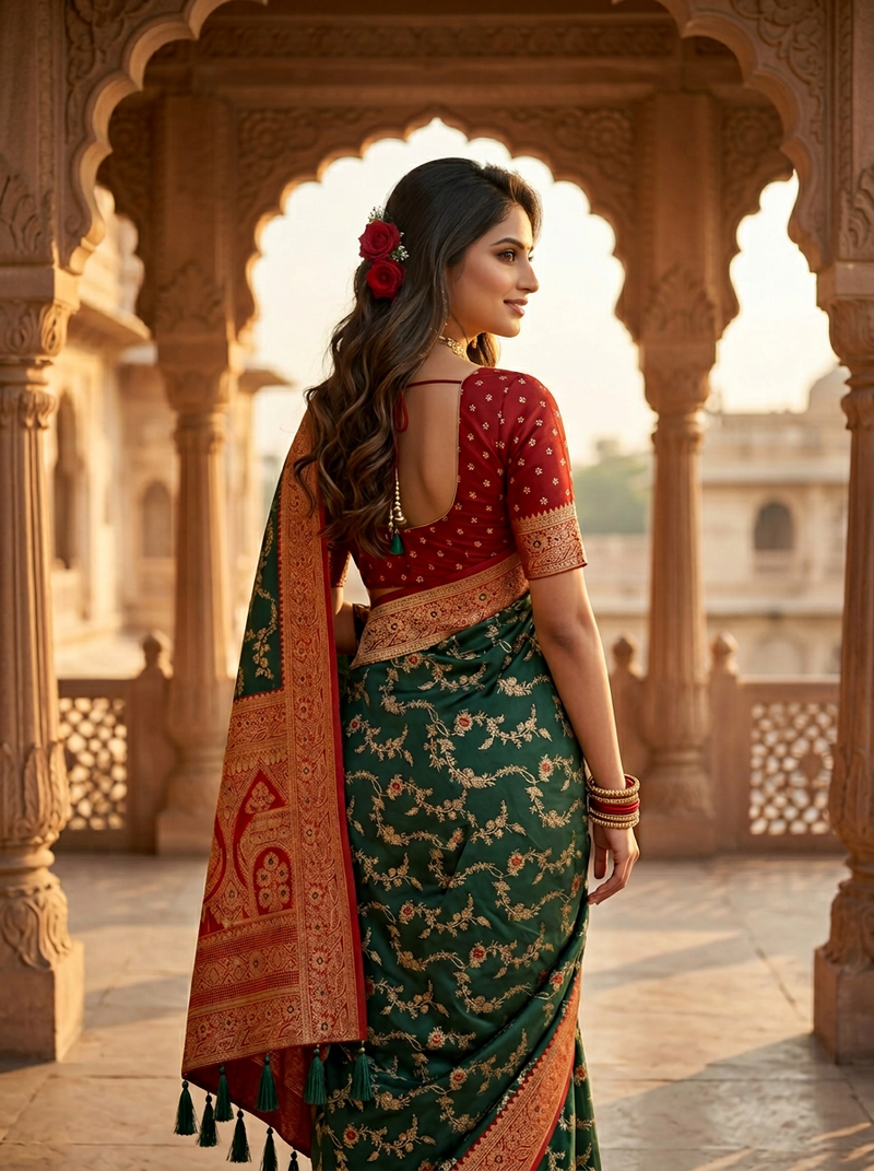 Majestic Bottle Green Banarasi Silk Saree with Crimson Red Contrast Border & Blouse Piece