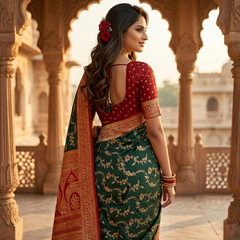 Majestic Bottle Green Banarasi Silk Saree with Crimson Red Contrast Border & Blouse Piece
