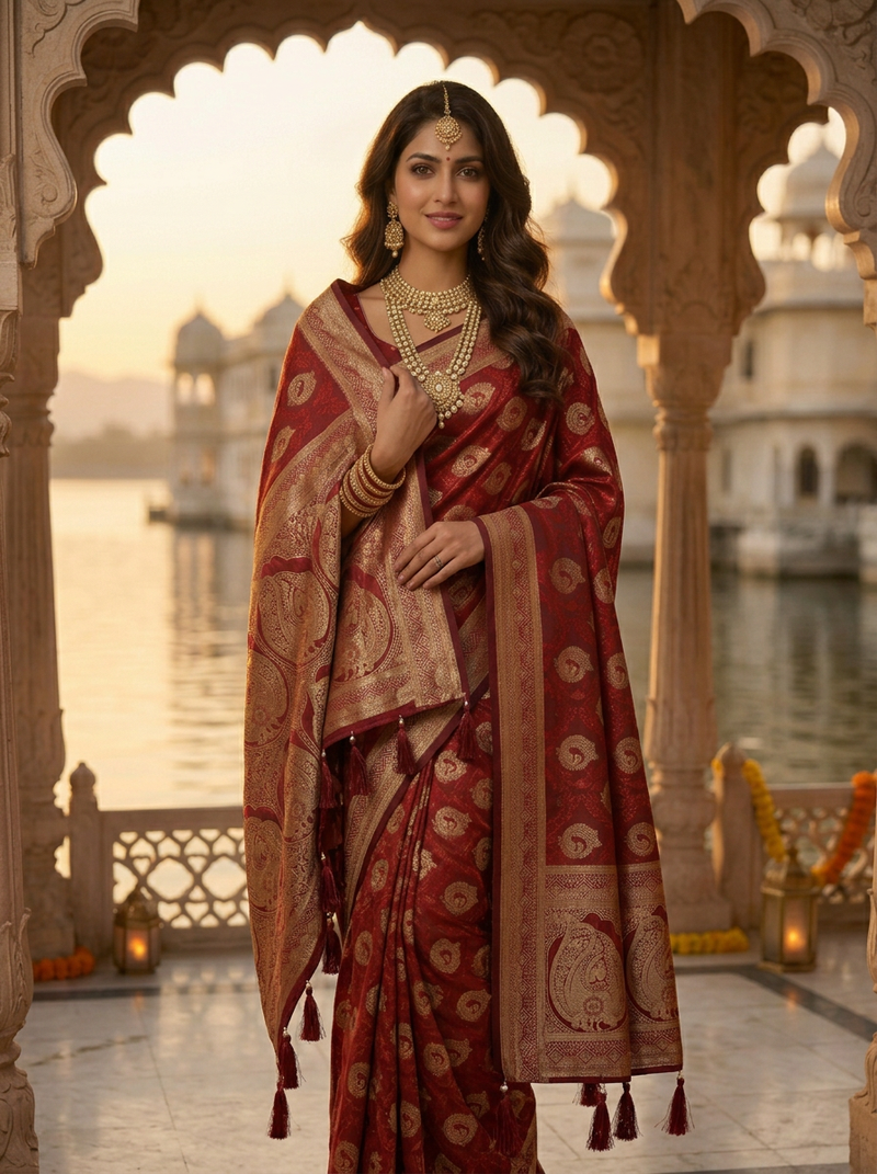 Bridal Red Banarasi Silk Saree with Golden Paisley Zari Work, Rich Woven Border & Traditional Designer Pallu for Women