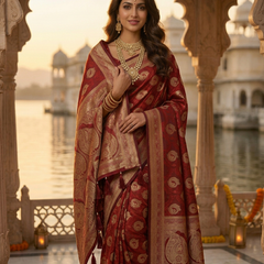 Bridal Red Banarasi Silk Saree with Golden Paisley Zari Work, Rich Woven Border & Traditional Designer Pallu for Women