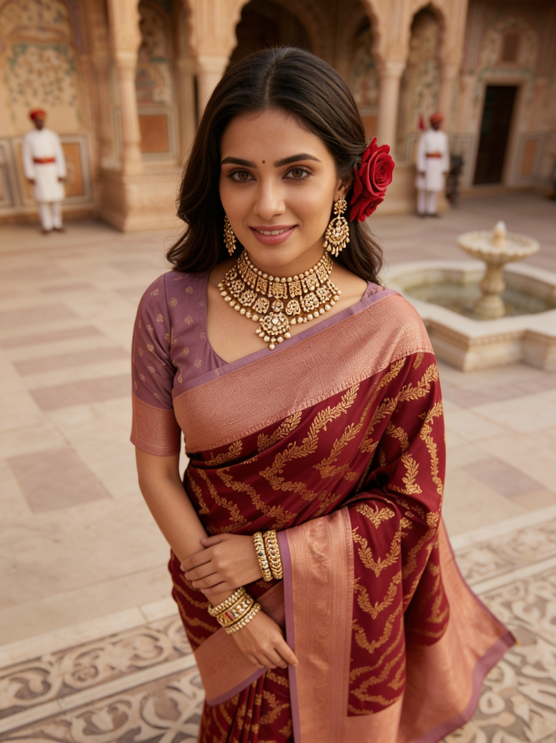 Maroon Red Art Silk Banarasi Saree with Dusty Lavender-Pink Contrast Pallu & Blouse Piece