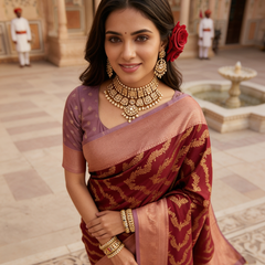 Maroon Red Art Silk Banarasi Saree with Dusty Lavender-Pink Contrast Pallu & Blouse Piece
