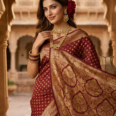 Maroon Banarasi Silk Saree with Golden Zari Butti Work, Traditional Woven Border & Rich Pallu for Women