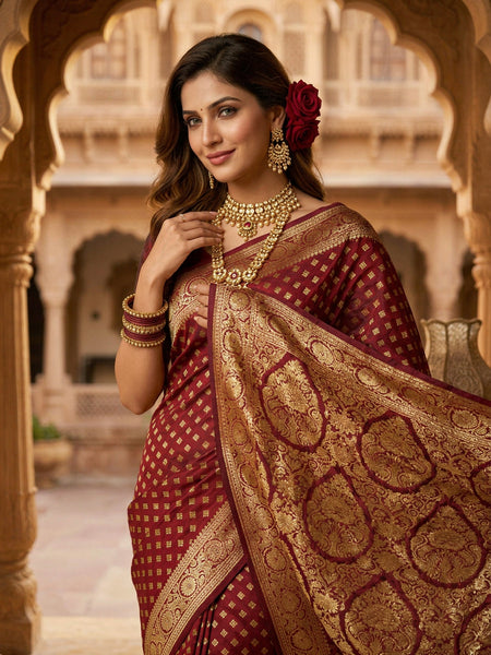 Maroon Banarasi Silk Saree with Golden Zari Butti Work, Traditional Woven Border & Rich Pallu for Women