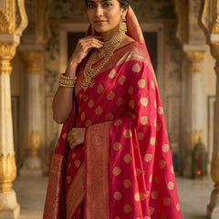 Rani Pink Banarasi Silk Saree with Golden Zari Butti Work, Traditional Woven Border & Rich Designer Pallu for Women