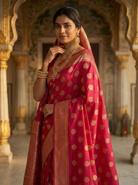 Rani Pink Banarasi Silk Saree with Golden Zari Butti Work, Traditional Woven Border & Rich Designer Pallu for Women
