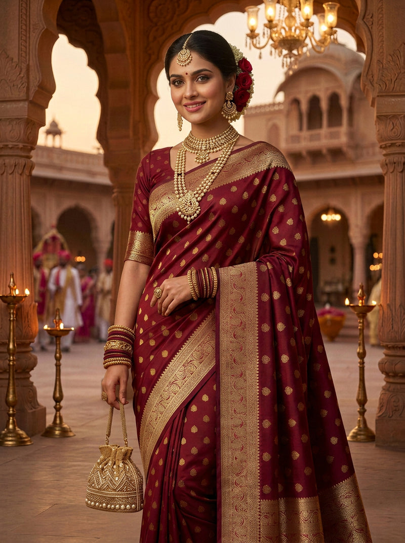 Maroon Banarasi Silk Saree with Golden Zari Butti Work, Traditional Woven Border & Rich Pallu for Women