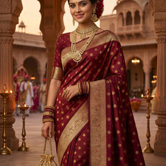 Maroon Banarasi Silk Saree with Golden Zari Butti Work, Traditional Woven Border & Rich Pallu for Women