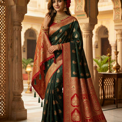 Majestic Bottle Green Art Silk Banarasi Saree with Crimson Red Contrast Border & Blouse Piece