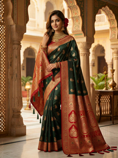 Majestic Bottle Green Art Silk Banarasi Saree with Crimson Red Contrast Border & Blouse Piece