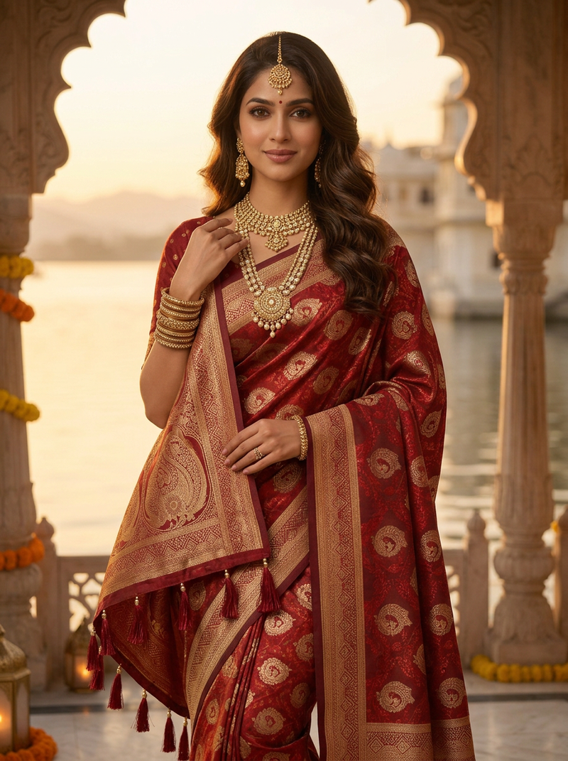 Bridal Red Banarasi Silk Saree with Golden Paisley Zari Work, Rich Woven Border & Traditional Designer Pallu for Women