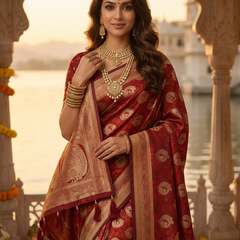 Bridal Red Banarasi Silk Saree with Golden Paisley Zari Work, Rich Woven Border & Traditional Designer Pallu for Women