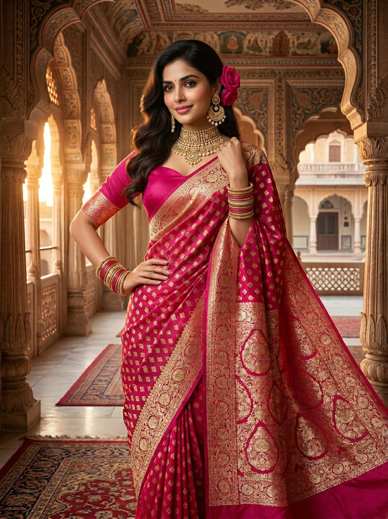 Rani Pink Banarasi Silk Saree with Golden Zari Butti Work, Rich Woven Border & Designer Pallu for Women