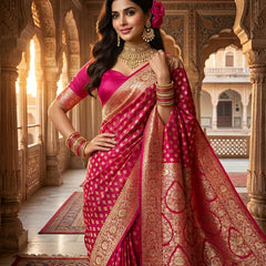 Rani Pink Banarasi Silk Saree with Golden Zari Butti Work, Rich Woven Border & Designer Pallu for Women