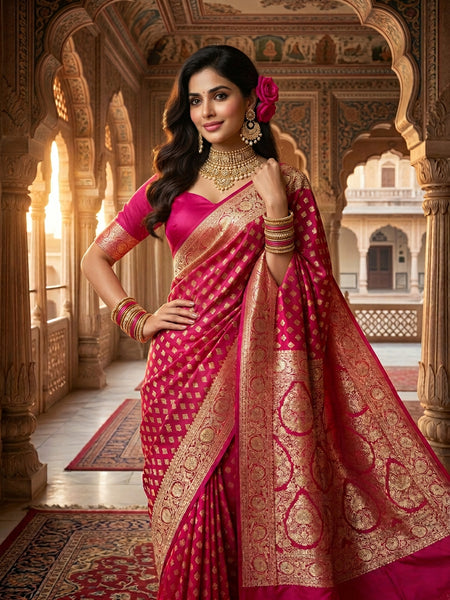 Rani Pink Banarasi Silk Saree with Golden Zari Butti Work, Rich Woven Border & Designer Pallu for Women