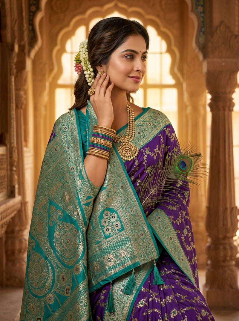 Royal Purple Art Silk Banarasi Saree with Peacock Blue Contrast Border & Blouse Piece