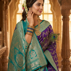 Royal Purple Art Silk Banarasi Saree with Peacock Blue Contrast Border & Blouse Piece