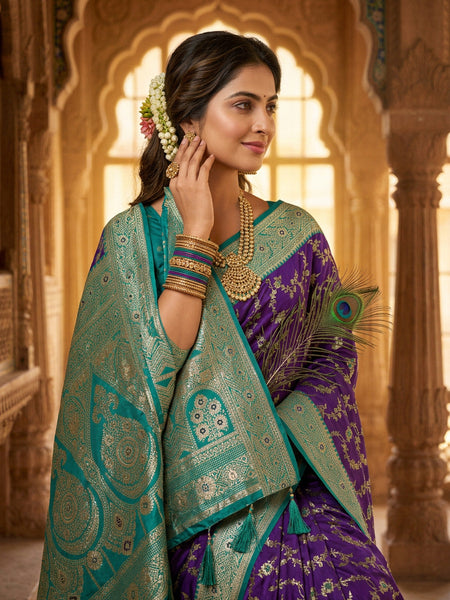 Royal Purple Art Silk Banarasi Saree with Peacock Blue Contrast Border & Blouse Piece