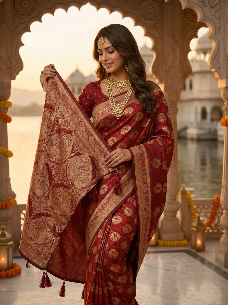 Bridal Red Banarasi Silk Saree with Golden Paisley Zari Work, Rich Woven Border & Traditional Designer Pallu for Women