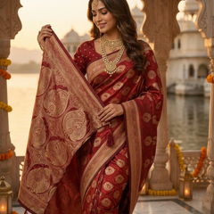 Bridal Red Banarasi Silk Saree with Golden Paisley Zari Work, Rich Woven Border & Traditional Designer Pallu for Women