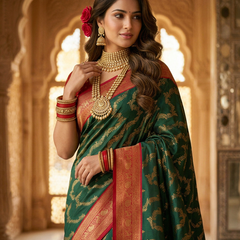Bottle Green & Red Jaal Motifs Banarasi Silk Saree