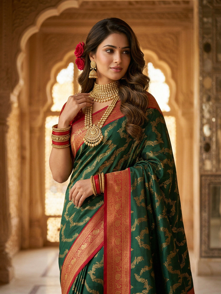 Bottle Green & Red Jaal Motifs Banarasi Silk Saree