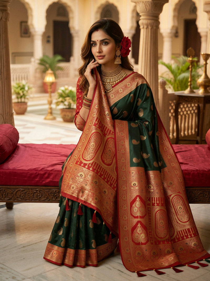 Majestic Bottle Green Art Silk Banarasi Saree with Crimson Red Contrast Border & Blouse Piece