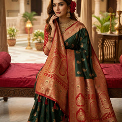 Majestic Bottle Green Art Silk Banarasi Saree with Crimson Red Contrast Border & Blouse Piece