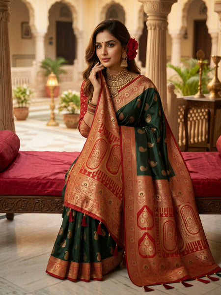 Majestic Bottle Green Art Silk Banarasi Saree with Crimson Red Contrast Border & Blouse Piece
