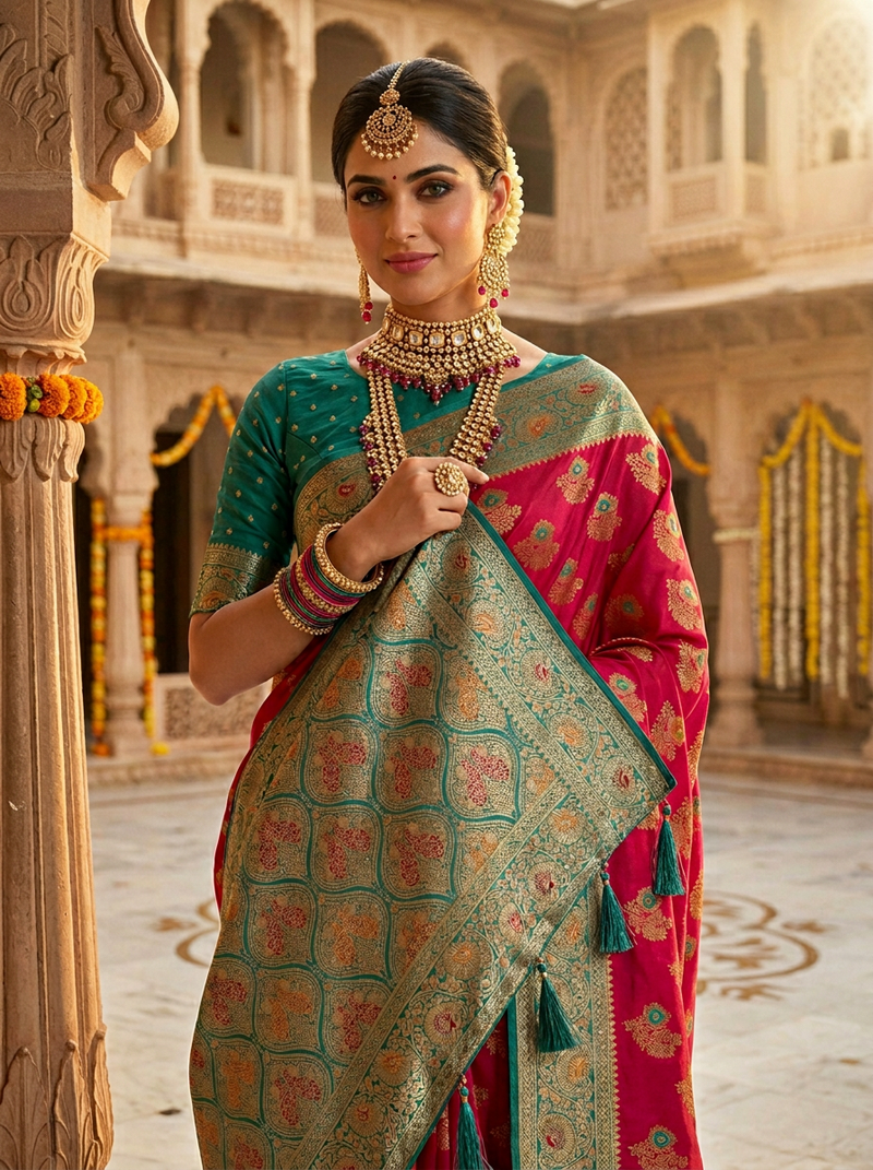 Vibrant Rani Pink Art Silk Banarasi Saree with Teal Green Contrast Border & Blouse Piece