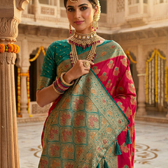 Vibrant Rani Pink Art Silk Banarasi Saree with Teal Green Contrast Border & Blouse Piece
