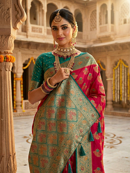 Vibrant Rani Pink Art Silk Banarasi Saree with Teal Green Contrast Border & Blouse Piece