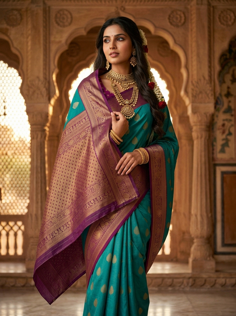 Peacock Blue & Royal Purple Motifs Banarasi Silk Saree