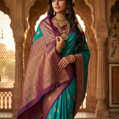 Peacock Blue & Royal Purple Motifs Banarasi Silk Saree