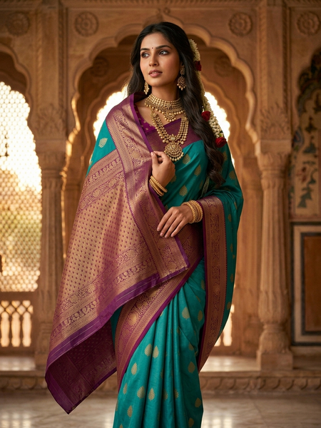 Peacock Blue & Royal Purple Motifs Banarasi Silk Saree