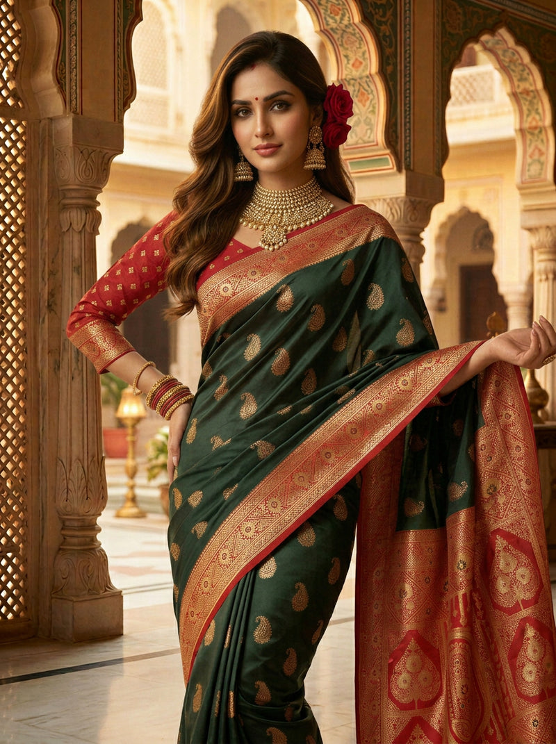 Majestic Bottle Green Art Silk Banarasi Saree with Crimson Red Contrast Border & Blouse Piece