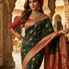 Majestic Bottle Green Art Silk Banarasi Saree with Crimson Red Contrast Border & Blouse Piece