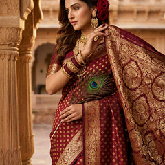 Maroon Banarasi Silk Saree with Golden Zari Butti Work, Traditional Woven Border & Rich Pallu for Women