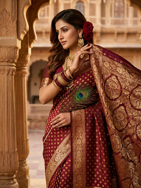 Maroon Banarasi Silk Saree with Golden Zari Butti Work, Traditional Woven Border & Rich Pallu for Women