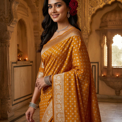 Mustard Yellow Banarasi Silk Saree with Golden Zari Butti Work, Woven Border & Rich Designer Pallu for Women