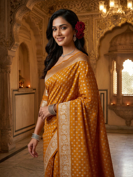 Mustard Yellow Banarasi Silk Saree with Golden Zari Butti Work, Woven Border & Rich Designer Pallu for Women