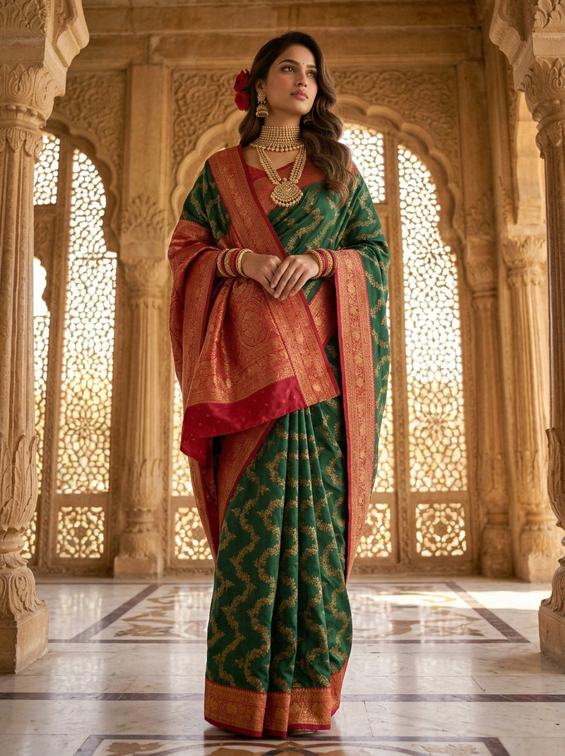 Bottle Green & Red Jaal Motifs Banarasi Silk Saree