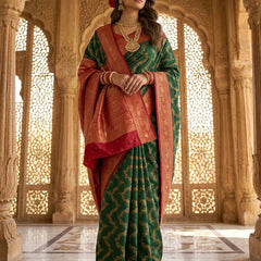 Bottle Green & Red Jaal Motifs Banarasi Silk Saree