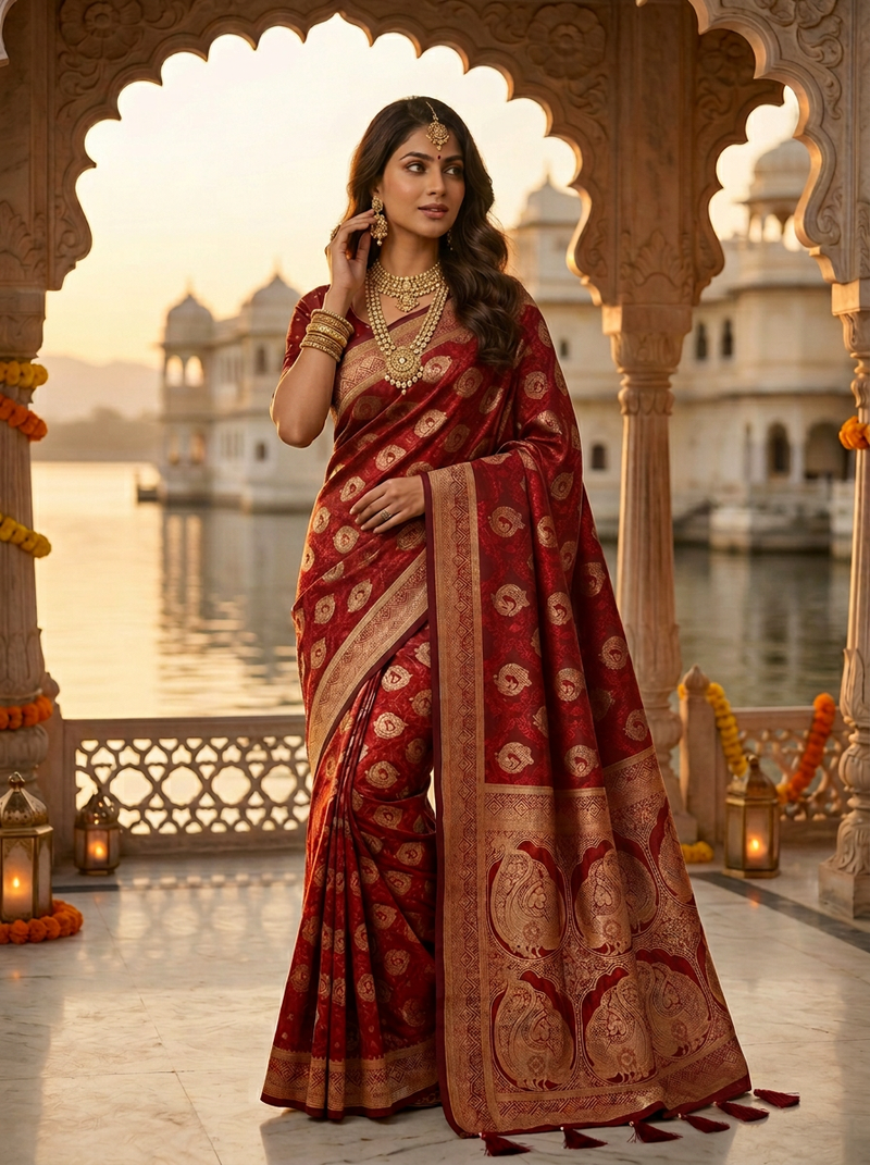 Bridal Red Banarasi Silk Saree with Golden Paisley Zari Work, Rich Woven Border & Traditional Designer Pallu for Women