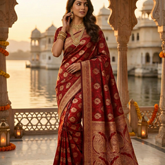 Bridal Red Banarasi Silk Saree with Golden Paisley Zari Work, Rich Woven Border & Traditional Designer Pallu for Women