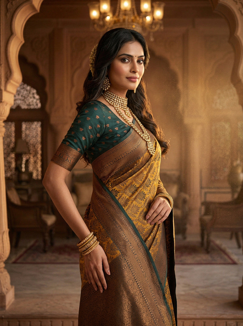 Antique Golden & Bottle Green Jacquard Woven Saree with Rich Copper Zari Border & Pallu