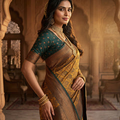 Antique Golden & Bottle Green Jacquard Woven Saree with Rich Copper Zari Border & Pallu