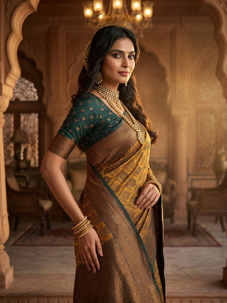Antique Golden & Bottle Green Jacquard Woven Saree with Rich Copper Zari Border & Pallu
