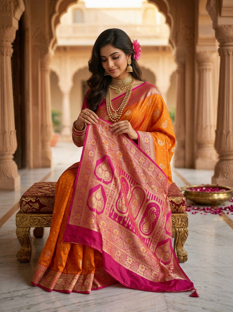Radiant Mango Orange Art Silk Banarasi Saree with Pink Contrast Border & Blouse Piece