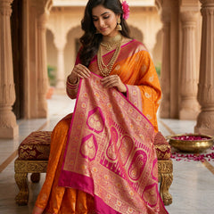 Radiant Mango Orange Art Silk Banarasi Saree with Pink Contrast Border & Blouse Piece